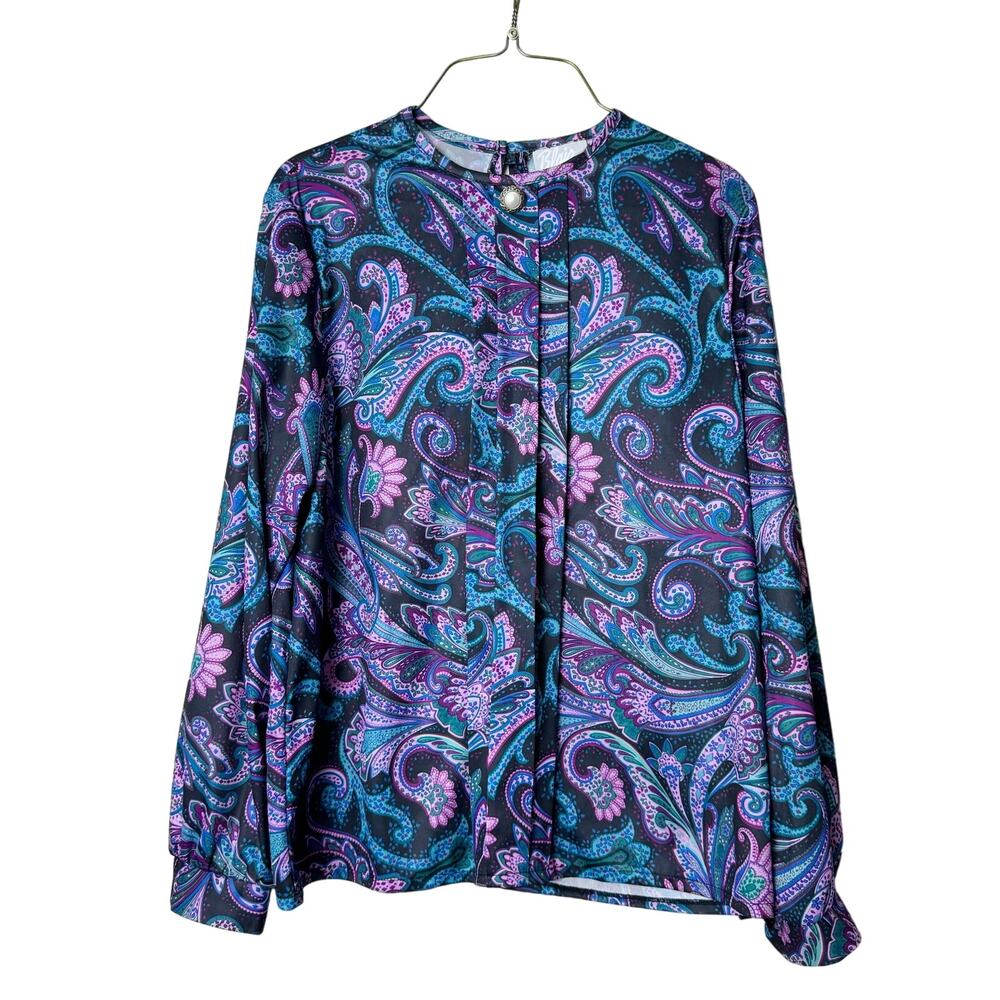 Blair VINTAGE purple teal monotone floral paisley Pleated front blouse Size 12